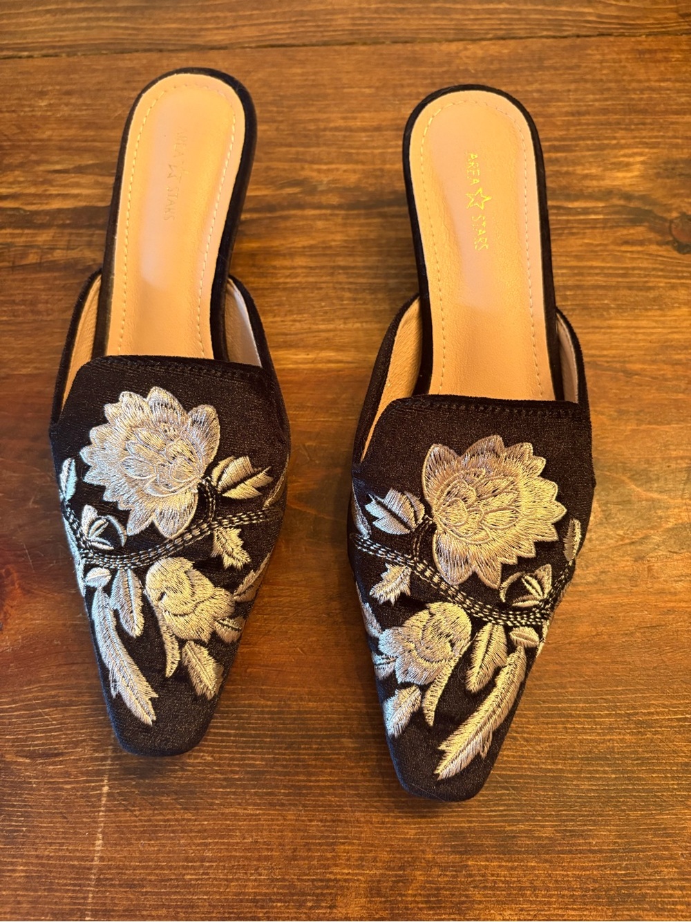 Embroidered Black Slip-On Mules with Silver Floral Detail